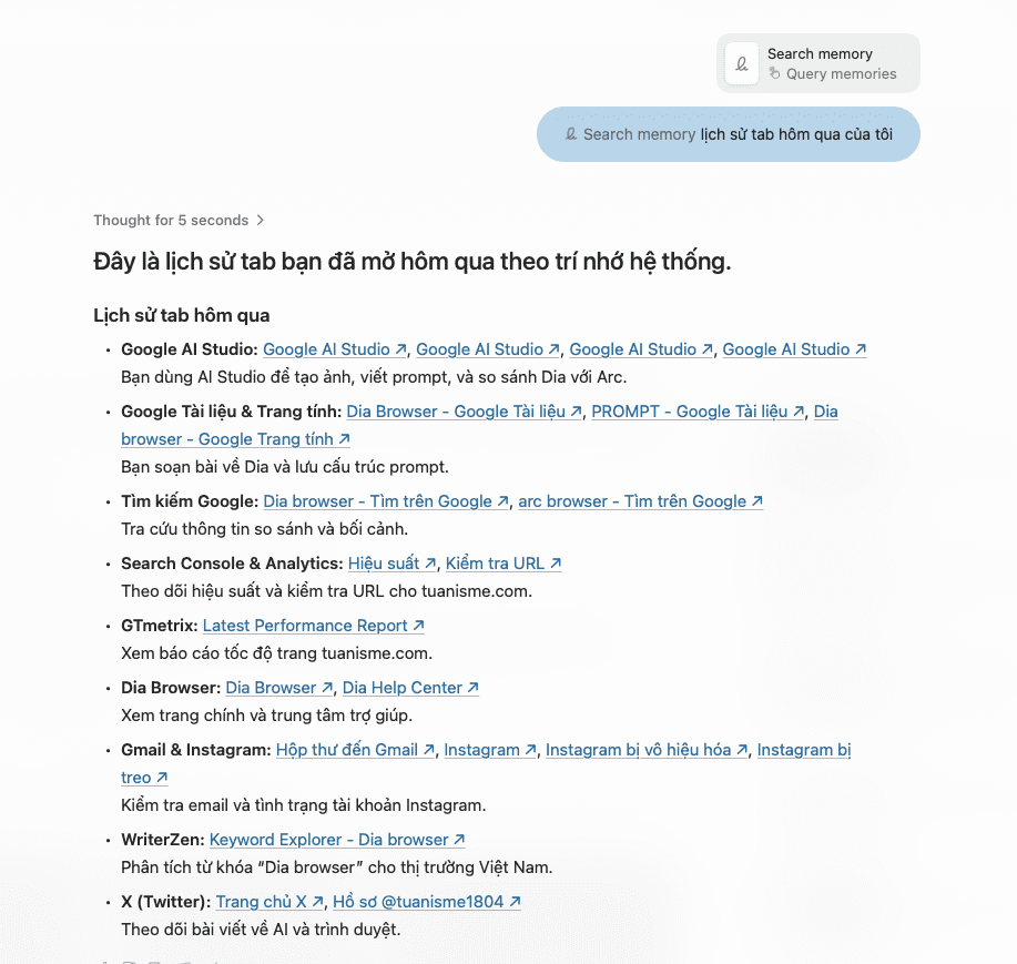 Nếu bạn cho phép, Dia có thể tham khảo lịch sử duyệt web 7 ngày gần nhất (@history) để đưa ra câu trả lời cá nhân hóa hơn, phù hợp với những gì bạn quan tâm.