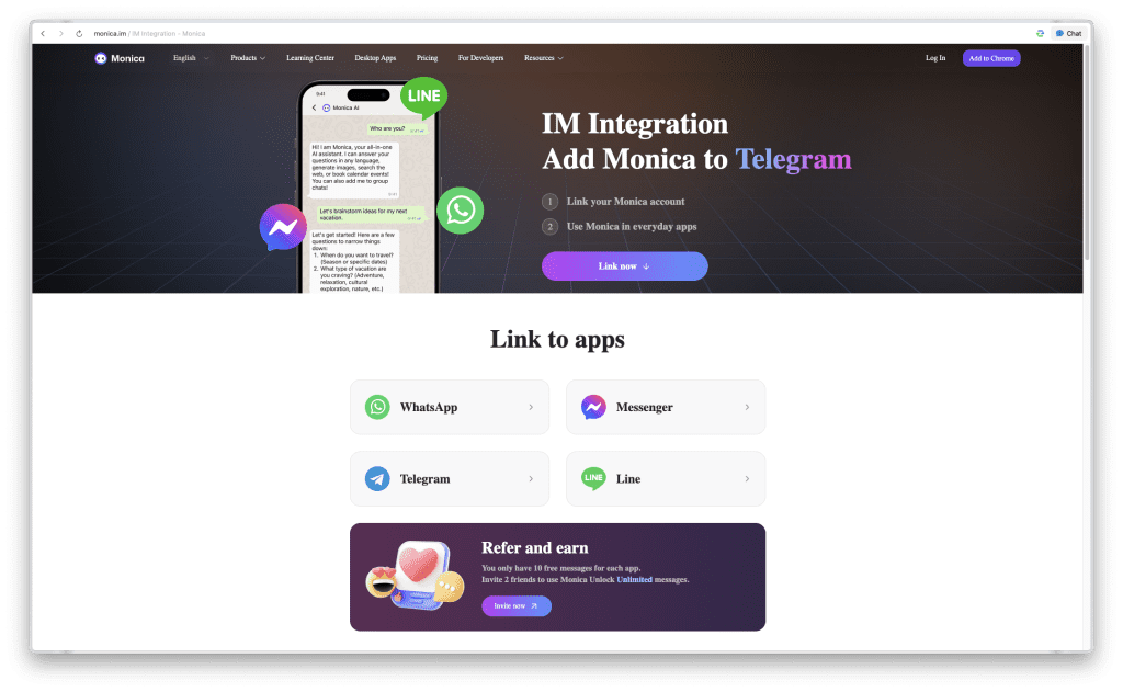 6.2. Tích hợp monica AI vào nền tảng tin nhắn (WhatsApp, Telegram, Messenger)