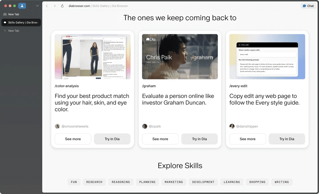 1.2. Dia browser Skills Gallery: Thư viện kỹ năng từ cộng đồng