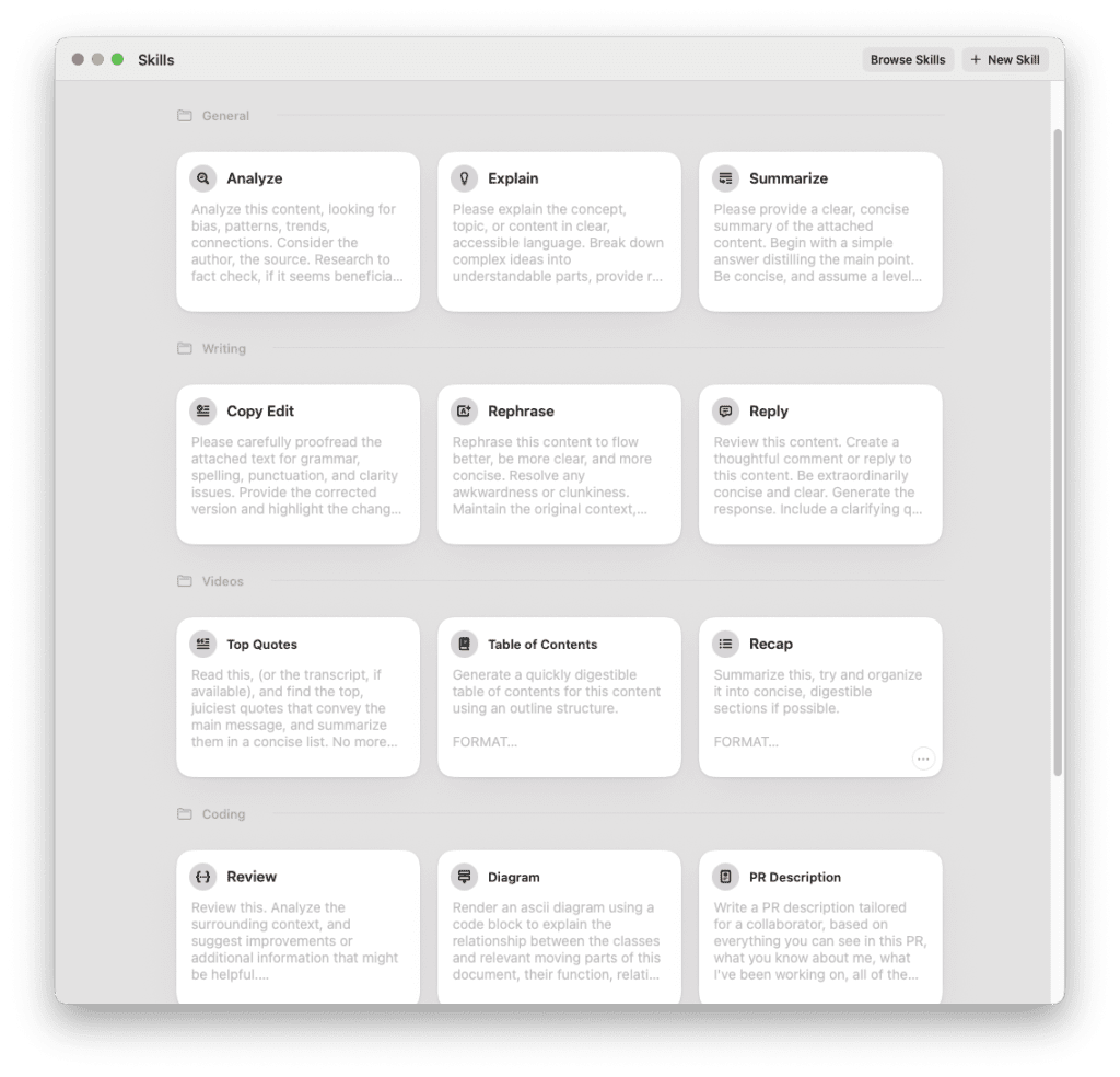 3. Các nhóm skills mặc định có sẵn trên Dia browser